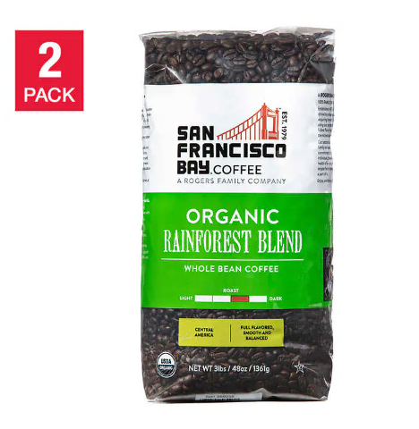 San Francisco Bay Organic Rainforest Blend Whole Bean Coffee 3 lbs, 2-pack