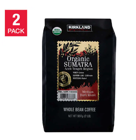 Kirkland Signature Organic Sumatra Whole Bean Coffee, 2 lbs, 2-pack